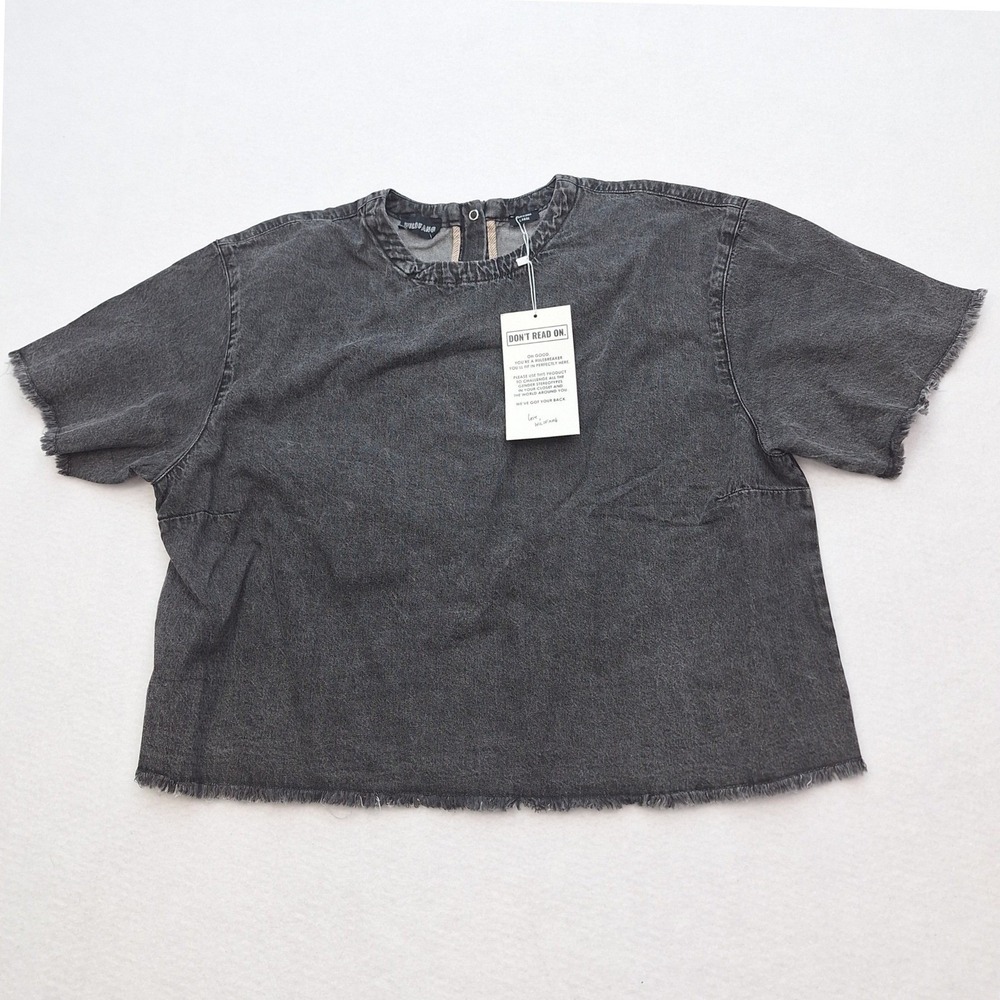 Wildfang Shirt Womens Large Black Essential‎ Denim Boxy Top  Distressed Raw Hem